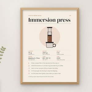 Immersion Press Coffee Guide Printable, Brew Recipe Poster, Kitchen Wall Art (Digital Download)