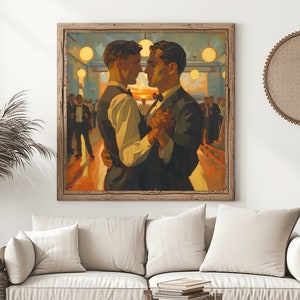 Lámina artística de amor gay: ilustración divertida de gays bailando, pareja gay y osos, tarjeta LGBT, regalo popular para celebraciones del Orgullo y conciertos.