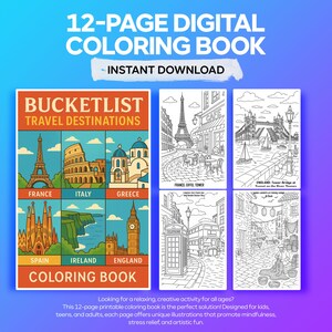 Bucket List Travel Coloring Book, Travel Line Art Book Instant Download Printable Pages for Kids and Adults mind relaxing Activity Gift, PDF
