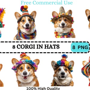 Corgis in Hüte Clipart - 8 bezaubernde PNG Dateien für kommerzielle Nutzung - Niedliche Hunde Grafiken zum Basteln und Drucken, handgemachte Hundegeschenke