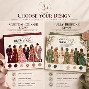 Guía de código de vestimenta nupcial personalizada, ilustración de atuendo personalizado para invitados, paleta de colores personalizada, vestimenta cultural, letrero digital para bodas