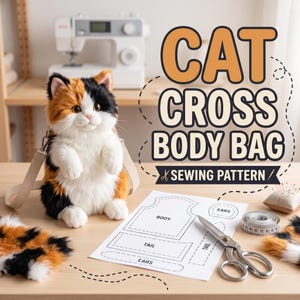 Cat Plush Crossbody Bag Sewing Pattern PDF, Faux Fur Cat Purse, Kawaii Animal Bag, Plushie Purse Tutorial, A4 US Letter A0