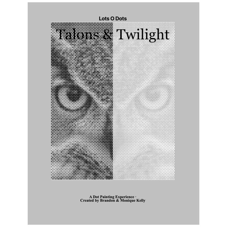 May include: A rectangular print titled Lots O Dots Talons & Twilight featuring a split-screen dot art design. The left side shows a dark owl eye in black dots, while the right side shows a light owl eye in grey dots. Text includes A Dot Painting Experience.