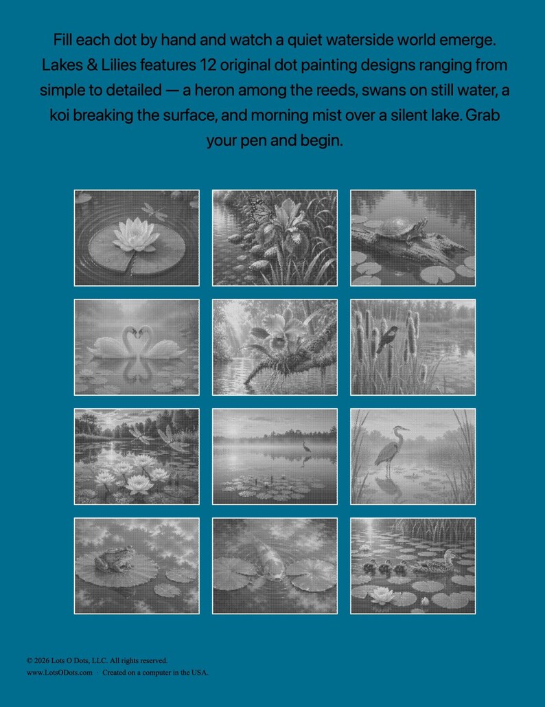 Patrones de pintura de puntos de lagos y lirios en PDF / 12 páginas de arte de puntos imprimibles / Páginas para colorear relajantes para adultos / Descarga instantánea imagen 3