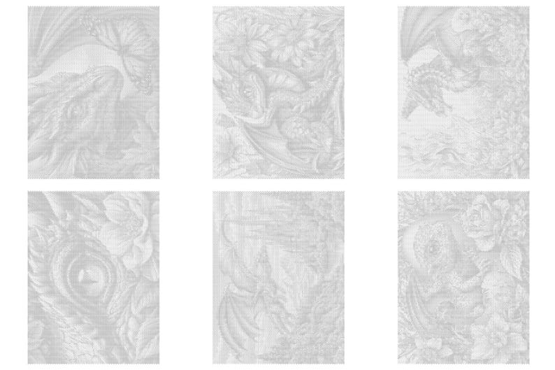 May include: A collection of six rectangular coloring pages featuring intricate line art illustrations of dragons integrated with various floral elements, butterflies, and architectural structures, presented in a grid layout on a white background.