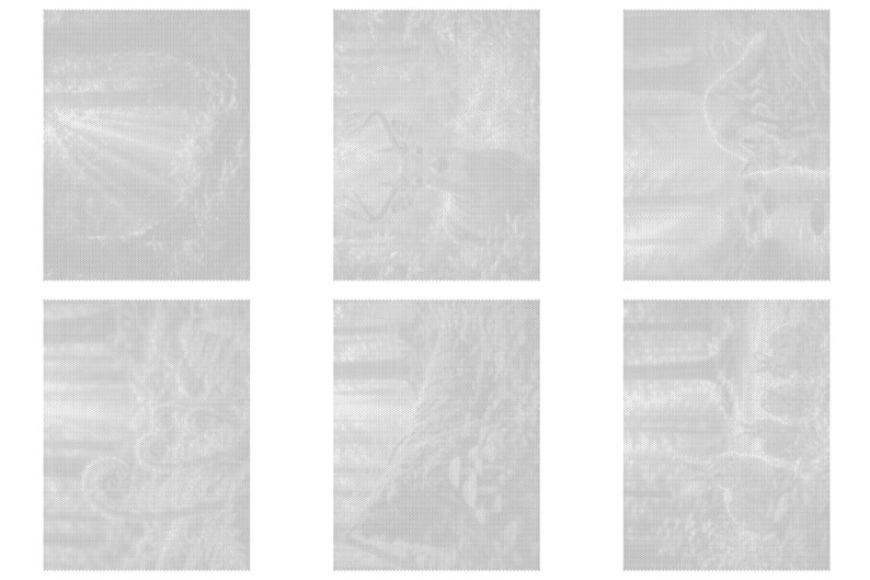May include: A set of six light gray rectangular panels featuring embossed illustrations of forest scenes, including deer, trees, and foliage. Each panel displays a different section of a woodland landscape with textured details and subtle depth.