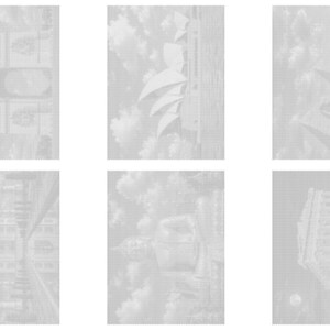 Peut inclure: Une collection de six impressions rectangulaires gris clair repr&eacute;sentant des monuments architecturaux dont l'Arc de Triomphe, l'Op&eacute;ra de Sydney, les pyramides &eacute;gyptiennes, le Taj Mahal, un d&ocirc;me et le Parth&eacute;non, sur fond de ciel nuageux.