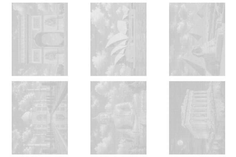 Peut inclure: Une collection de six impressions rectangulaires gris clair repr&eacute;sentant des monuments architecturaux dont l'Arc de Triomphe, l'Op&eacute;ra de Sydney, les pyramides &eacute;gyptiennes, le Taj Mahal, un d&ocirc;me et le Parth&eacute;non, sur fond de ciel nuageux.