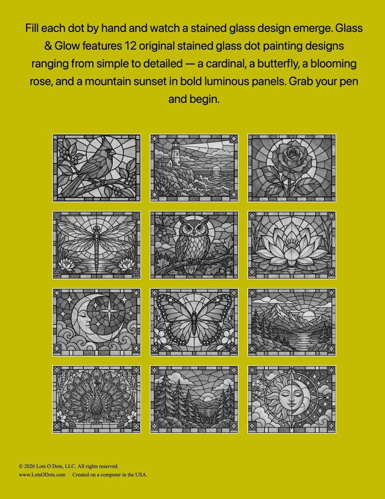 Modèles de peinture à points effet verre et phosphorescent (PDF) | 12 pages de coloriage à imprimer | Coloriages relaxants pour adultes | Téléchargement instantané image 3
