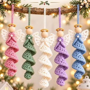 May include: Five crochet angel ornaments hanging from a branch, each featuring a wooden bead head, a gold halo, white wings, and a spiral dress in pink, green, white, purple, or blue. The text Crochet Angel Ornaments is at the top.