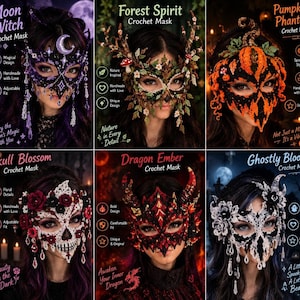 Puede incluir: Una colección de seis máscaras de ganchillo con diseños distintos: Moon Witch con acentos morados, Forest Spirit con follaje, Pumpkin Phantom en naranja y negro, Skull Blossom con detalles florales, Dragon Ember y Ghostly Bloom.