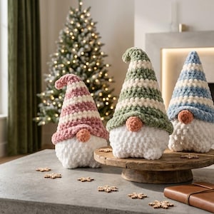 May include: Three plush crochet gnomes with white fuzzy bodies and round peach-colored noses. Each gnome wears a tall, pointed hat featuring horizontal stripes in alternating colors of dusty pink, sage green, and light blue with white bands.