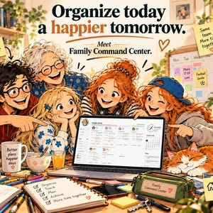May include: A digital family command center displayed on a laptop screen, surrounded by a family, a cat, and various organizational items including a stack of labeled books, a mug with text, a notepad with a checklist, and sticky notes with text.