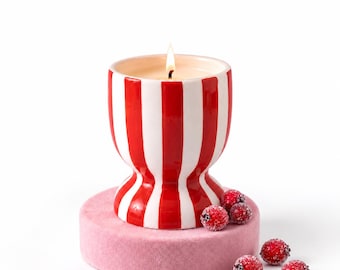 Red & White Striped Ceramic Jar Candle | Soy Wax Candle Holder | Whimsical Christmas Decor | Maximalist Home Decor