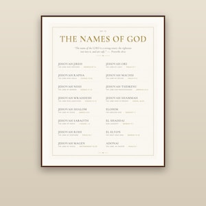 May include: A framed wall print featuring the text THE NAMES OF GOD in gold lettering at the top, followed by a list of biblical names and their meanings in black text, including Jehovah Jireh, Jehovah Rapha, and Adonai on a cream background.