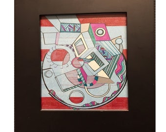 B-Side: 9 x 12 inch Framed, kleurrijk, meetkundige, Abstract, Avant Garde, origineel, hedendaagse kunst van acryl