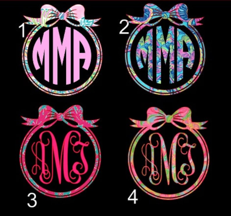 7 Laptop or drink ware Outdoor proof Vinyl sticker 10 Car window 8 Lilly P inspired Print Bow Framed Monogram Sticker Decal 6 9