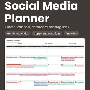 Planerare för sociala medier och innehållskalender | Mall för Excel och Google Sheets | Månadskalender, hashtagbank, analysinstrumentpanel