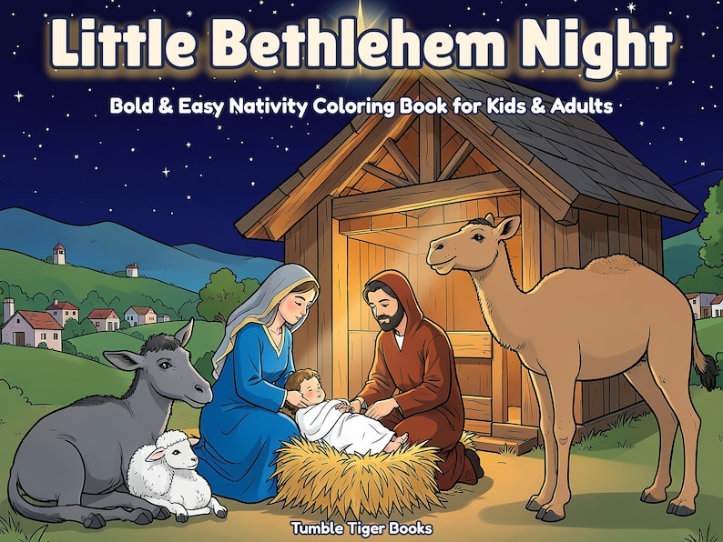 Nativity Coloring Pages Printable, Little Bethlehem Night Christian Christmas for Kids & Adults, Printable PDF image 1