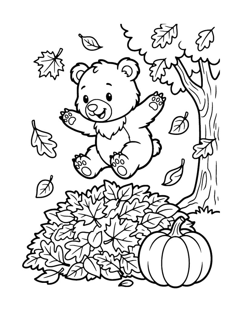 May include: A black and white line art coloring page featuring a cartoon bear jumping into a large pile of fallen autumn leaves. A tree stands to the right, and a pumpkin sits on the ground next to the leaf pile. Several leaves are floating in the air around the bear.