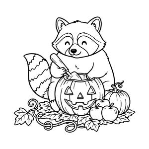 May include: A black and white line art illustration of a raccoon holding a small shovel inside a carved jack-o'-lantern pumpkin. The scene includes two small apples and a larger pumpkin resting on a bed of leaves and vines.