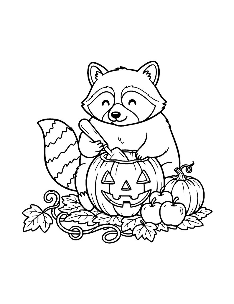 May include: A black and white line art illustration of a raccoon holding a small shovel inside a carved jack-o'-lantern pumpkin. The scene includes two small apples and a larger pumpkin resting on a bed of leaves and vines.