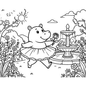 Puede incluir: Una ilustraci&oacute;n de arte lineal en blanco y negro de un hipop&oacute;tamo que lleva un tut&uacute; y sostiene una rosa. La escena muestra un jard&iacute;n con una fuente de agua de varios niveles, varias flores, &aacute;rboles y un sol en el cielo.
