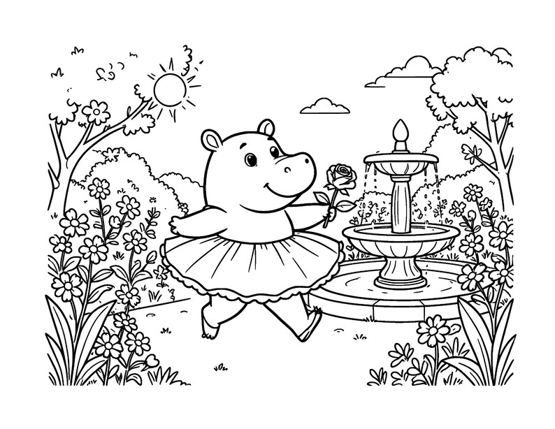 Puede incluir: Una ilustraci&oacute;n de arte lineal en blanco y negro de un hipop&oacute;tamo que lleva un tut&uacute; y sostiene una rosa. La escena muestra un jard&iacute;n con una fuente de agua de varios niveles, varias flores, &aacute;rboles y un sol en el cielo.