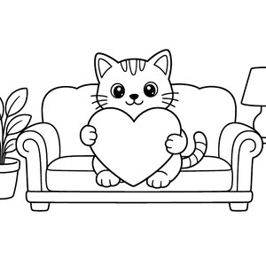 May include: A black and white line art illustration of a cat sitting on a sofa, holding a large heart shape. To the left is a potted plant with five leaves, and to the right is a table lamp with a lampshade. The cat has striped ears and tail.