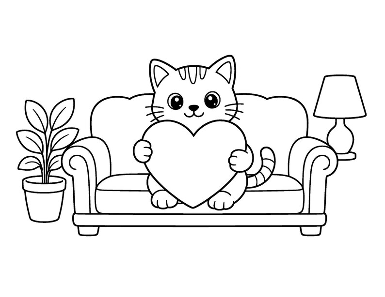 May include: A black and white line art illustration of a cat sitting on a sofa, holding a large heart shape. To the left is a potted plant with five leaves, and to the right is a table lamp with a lampshade. The cat has striped ears and tail.