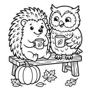 May include: A black and white line art illustration of a hedgehog and an owl sitting on a wooden bench. Both animals are holding mugs with a leaf design. A pumpkin and several fallen leaves are positioned on the ground below the bench.