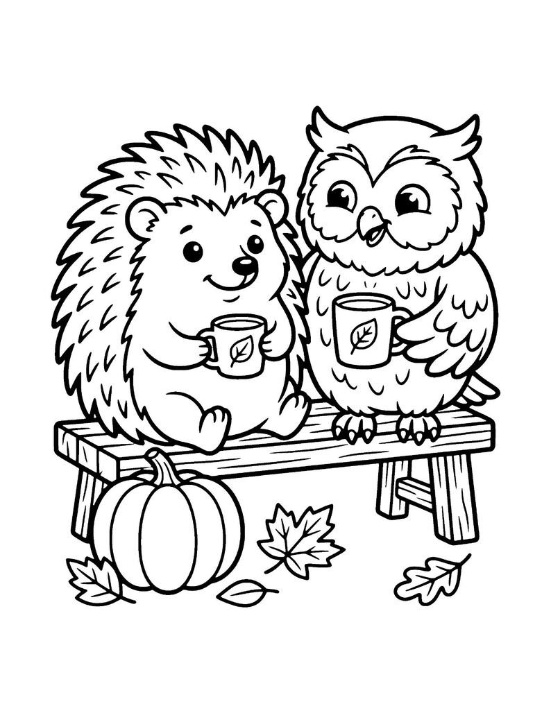 May include: A black and white line art illustration of a hedgehog and an owl sitting on a wooden bench. Both animals are holding mugs with a leaf design. A pumpkin and several fallen leaves are positioned on the ground below the bench.