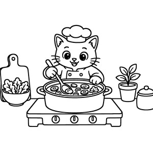 May include: A black and white line art illustration of a cat wearing a chef hat and uniform, stirring a large pot of soup on a stovetop. Beside the stove are a cutting board with a bowl of leafy greens, a small potted plant, and a jar.