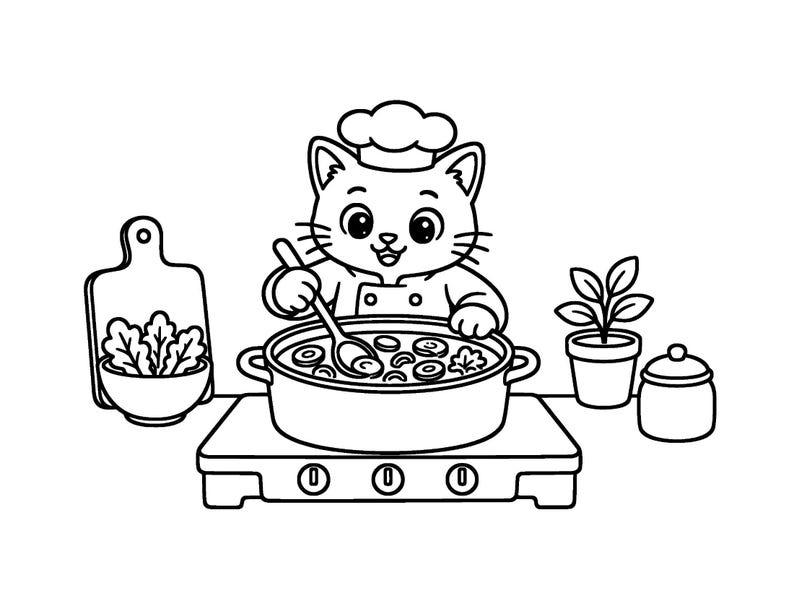 May include: A black and white line art illustration of a cat wearing a chef hat and uniform, stirring a large pot of soup on a stovetop. Beside the stove are a cutting board with a bowl of leafy greens, a small potted plant, and a jar.