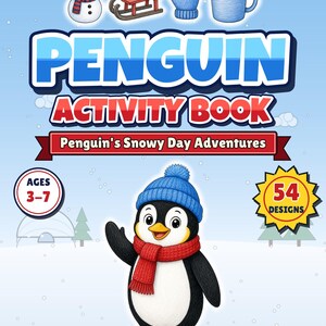 Penguin Activity Book Printable, 54 Designs | Winter Snow Coloring Pages and Activities for Kids & Adults, Ages 3-7, Printable PDF image 1