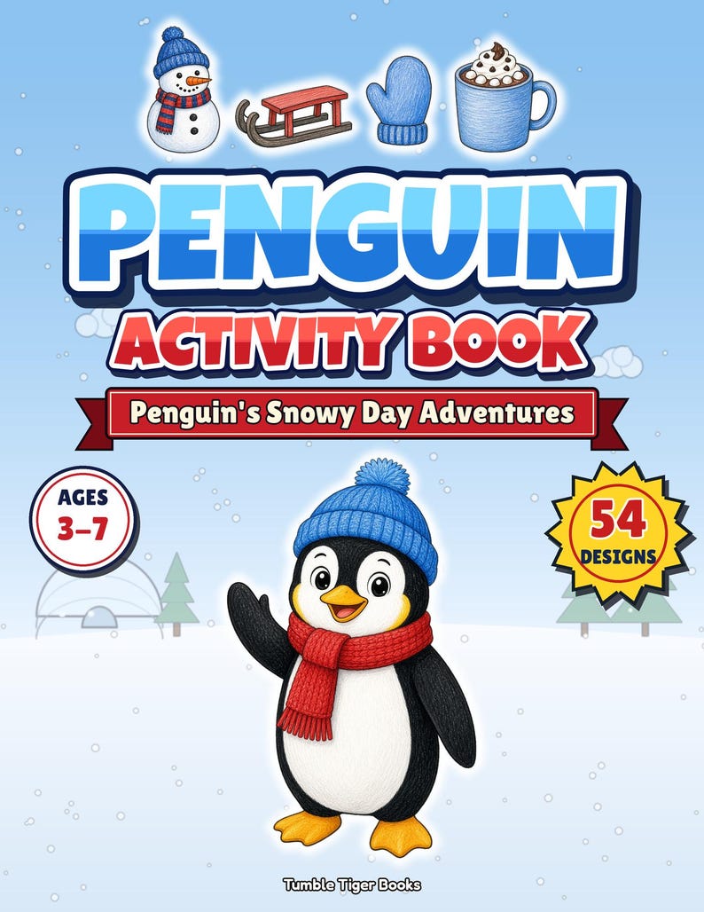 Penguin Activity Book Printable, 54 Designs | Winter Snow Coloring Pages and Activities for Kids & Adults, Ages 3-7, Printable PDF image 1