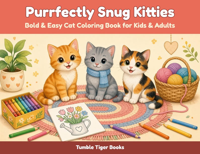May include: A coloring book titled Purrfectly Snug Kitties: Bold & Easy Cat Coloring Book for Kids & Adults by Tumble Tiger Books. The cover features an orange tabby, a gray kitten with a blue scarf, and a calico kitten with yarn and crayons.