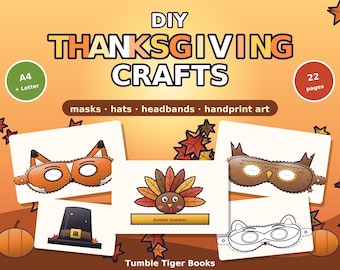 DIY Thanksgiving Crafts Printable PDF, Turkey Headband, Pilgrim Hat, Fox Owl Masks, Color In Craft for Kids & Adults, A4 and US Letter