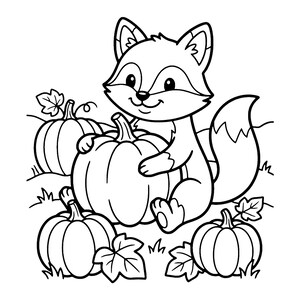 May include: A black and white line art illustration featuring a cartoon fox sitting among four pumpkins. The fox has a bushy tail and is holding one of the pumpkins. The scene includes simple outlines of leaves and grass patches.