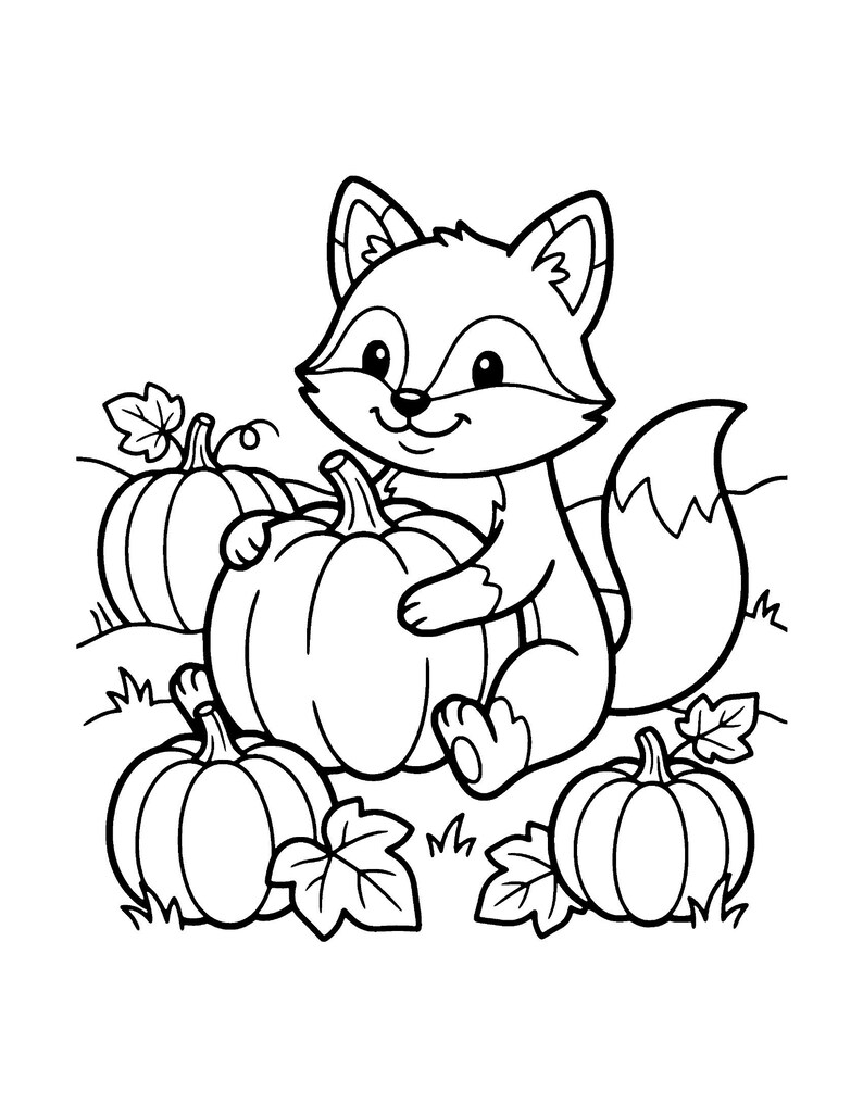May include: A black and white line art illustration featuring a cartoon fox sitting among four pumpkins. The fox has a bushy tail and is holding one of the pumpkins. The scene includes simple outlines of leaves and grass patches.