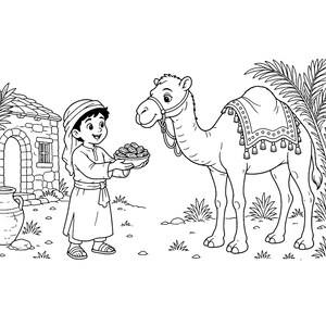 May include: A black and white line art illustration featuring a person wearing a head covering and tunic, holding a bowl of fruit toward a camel. The camel wears a saddle with tassels. A stone building, a large clay jar, and palm trees are visible.