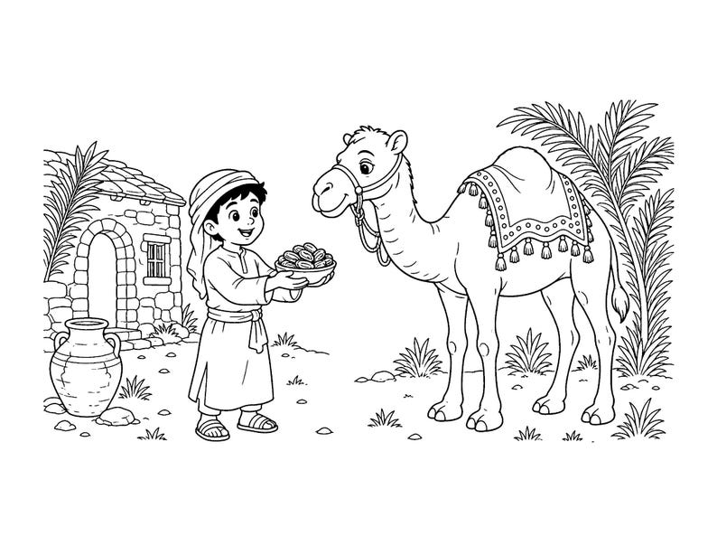May include: A black and white line art illustration featuring a person wearing a head covering and tunic, holding a bowl of fruit toward a camel. The camel wears a saddle with tassels. A stone building, a large clay jar, and palm trees are visible.