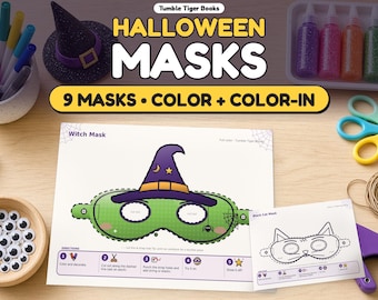 Pacchetto di maschere di Halloween stampabili, 9 maschere fai da te da colorare e a colori, gatto, strega, pipistrello, zucca, lavoretti per feste in formato PDF, A4 e US Letter