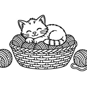 May include: A black and white line art illustration of a small kitten sleeping inside a woven basket filled with balls of yarn. Two additional balls of yarn are positioned on either side of the basket, one with a small puddle shape underneath.