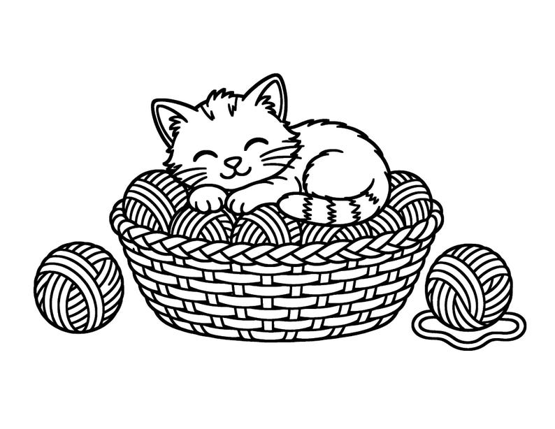 May include: A black and white line art illustration of a small kitten sleeping inside a woven basket filled with balls of yarn. Two additional balls of yarn are positioned on either side of the basket, one with a small puddle shape underneath.