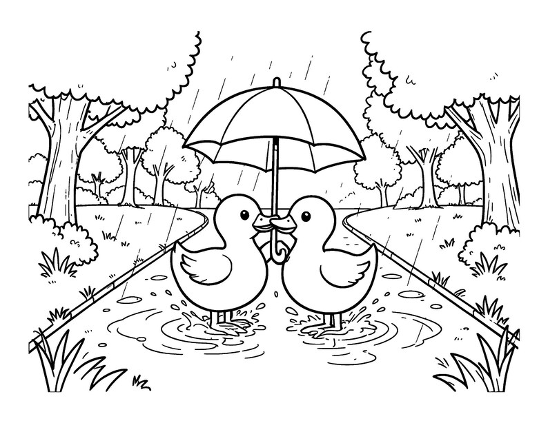 Puede incluir: Una ilustraci&oacute;n de arte lineal en blanco y negro de dos patos de pie en un charco en un camino durante una lluvia. Los patos est&aacute;n frente a frente bajo un paraguas abierto, rodeados de &aacute;rboles y c&eacute;sped en un entorno de parque.