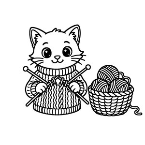 May include: A black and white line art illustration of a cat wearing a ribbed sweater, holding two knitting needles with yarn, positioned next to a woven basket filled with three round balls of yarn with loose strands.
