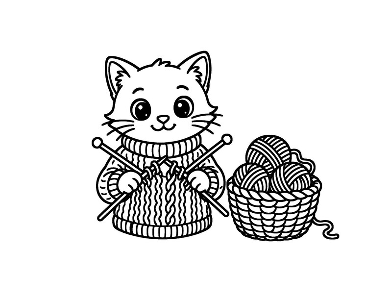 May include: A black and white line art illustration of a cat wearing a ribbed sweater, holding two knitting needles with yarn, positioned next to a woven basket filled with three round balls of yarn with loose strands.
