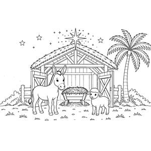 May include: A black and white line art illustration of a nativity stable with a donkey and a lamb standing in front. A manger filled with hay sits inside the structure, beneath a large star and several smaller stars in the night sky.