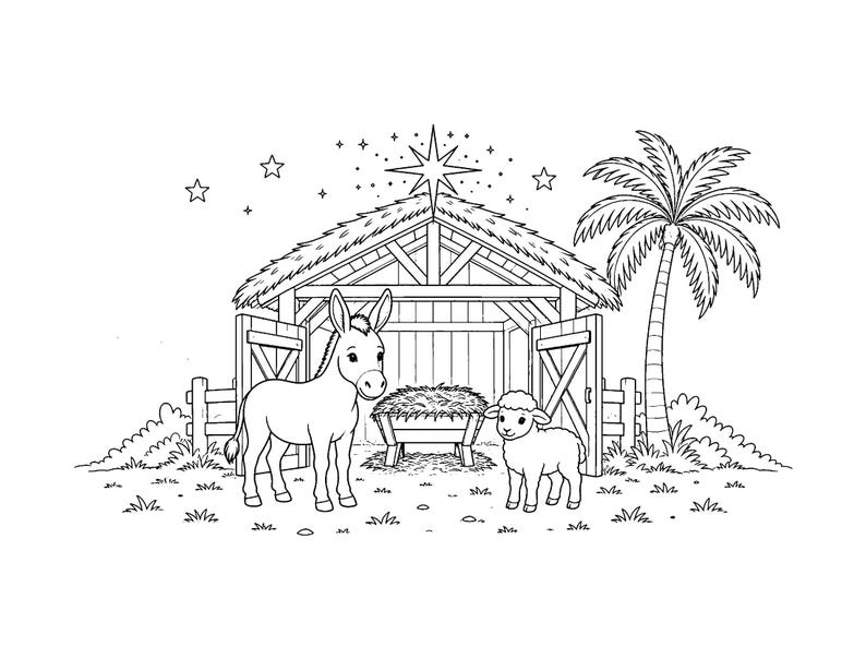 May include: A black and white line art illustration of a nativity stable with a donkey and a lamb standing in front. A manger filled with hay sits inside the structure, beneath a large star and several smaller stars in the night sky.
